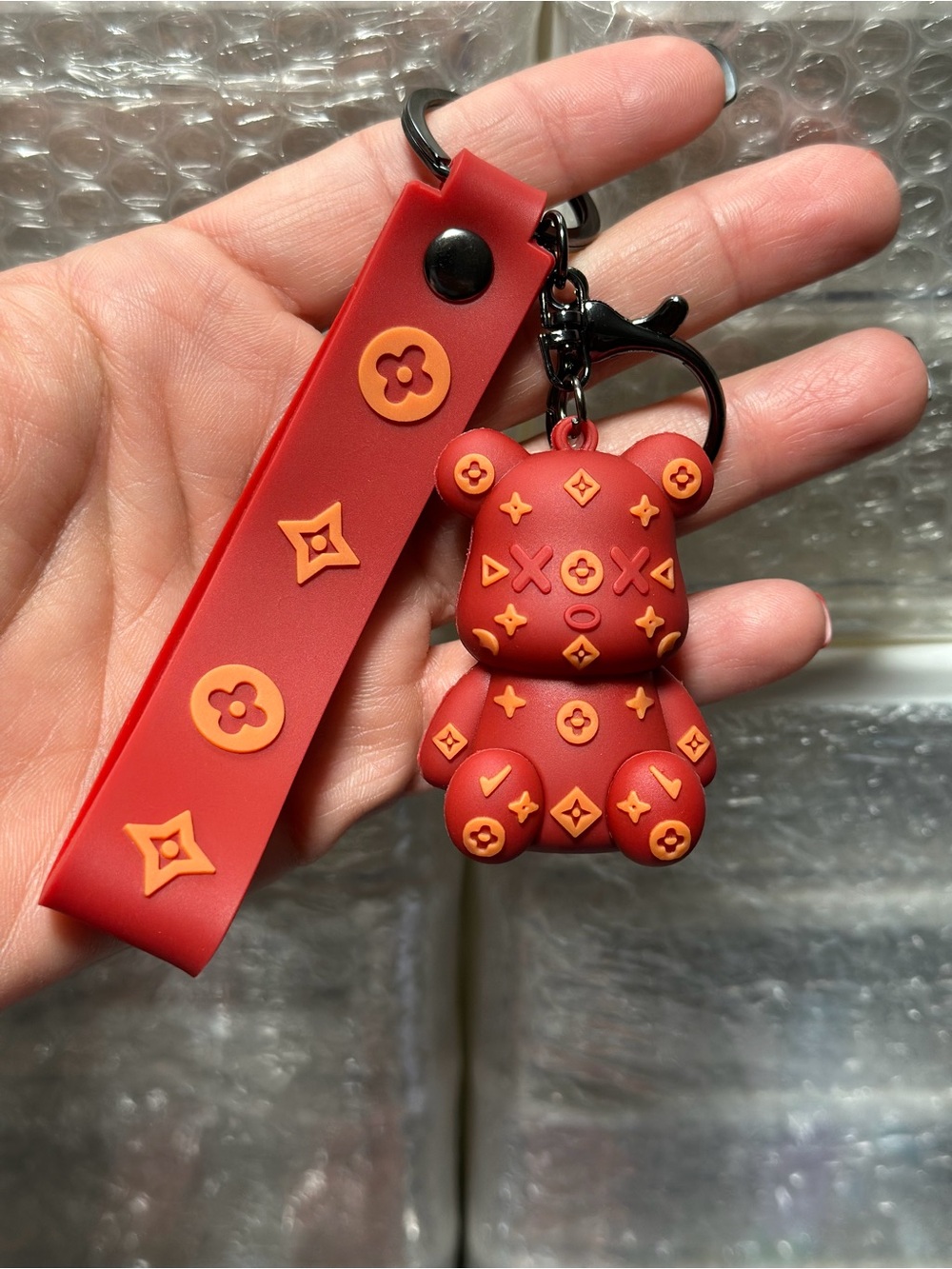 Red Bear Silicone Keychain with Orange Accents - Kids Accessories